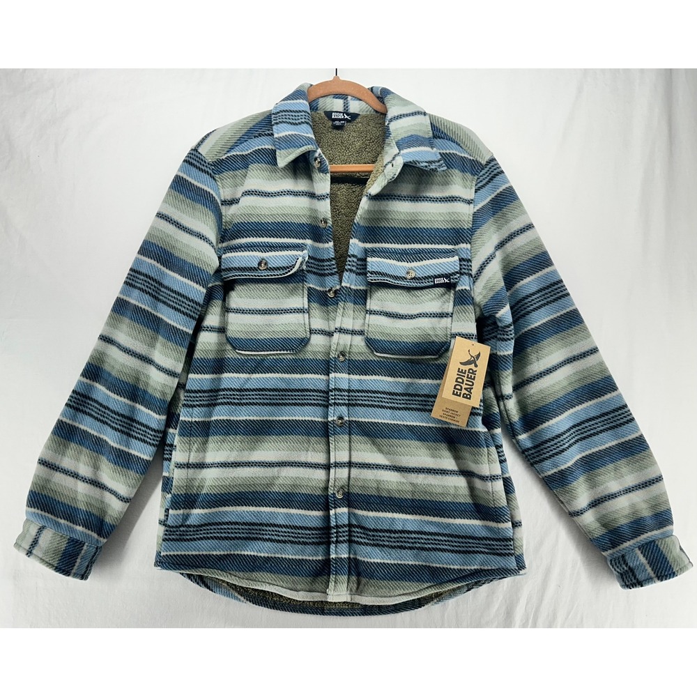 Eddie Bauer Sparrow Shirt Jacket Mens Medium Blue Striped Fleece Lined NEW